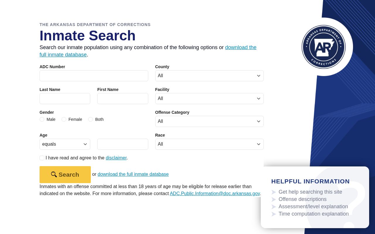 Lafayette County Arkansas ADC offender photo search form
